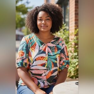 Sonoma Tropical Print Button-Up Blouse